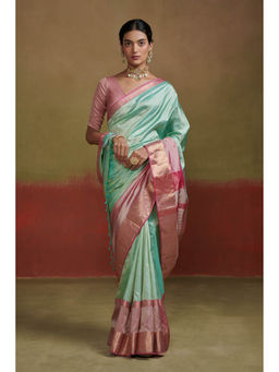 Dressfolk - Handwoven Mint Green with Metallic Pink Shade Border Handloom Silk Saree and Beads Edge.