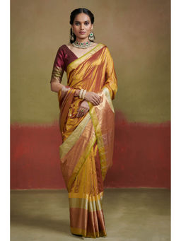 Dressfolk - Handwoven Mustard with Metallic Stripes and Silver Border Heavy Weight 100% Handloom Silk Saree