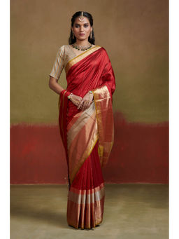 Dressfolk - Handwoven Heavy Weight Red with Metallic Stripes Handloom Silk Saree with Gold and Silver Zari.