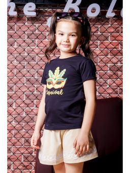 ONE SKY - Girls Carnival Mask Printed Black T-Shirt