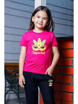 ONE SKY - Girls Carnival Mask Printed Pink T-Shirt