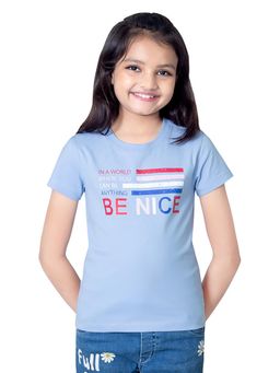 ONE SKY - Girls Cotton Typography Sky Blue T-Shirt