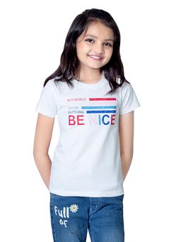 ONE SKY - Girls Cotton Typography White T-Shirt