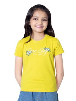 ONE SKY - Girls Cotton Typography Yellow T-shirt