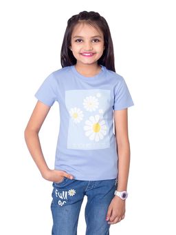ONE SKY - Girls Cotton Floral Print Sky Blue T-Shirt