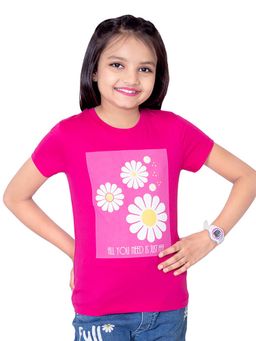 ONE SKY - Girls Cotton Floral Print Pink T-Shirt