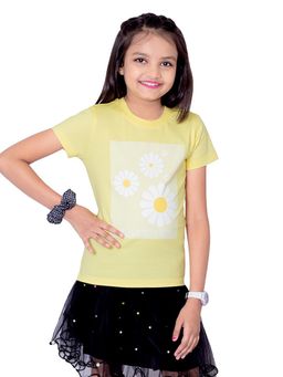 ONE SKY - Girls Cotton Floral Print Yellow T-Shirt