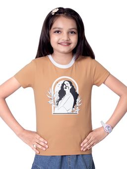 ONE SKY - Girls Cotton Beige Printed T-Shirt