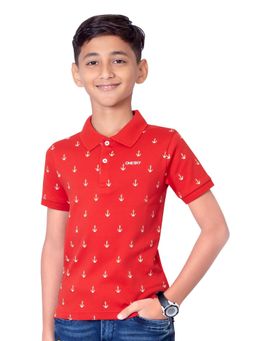 ONE SKY - Boys Printed Pure Cotton Red Polo T-Shirt