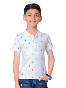 ONE SKY - Boys Printed Pure Cotton White Polo T-Shirt