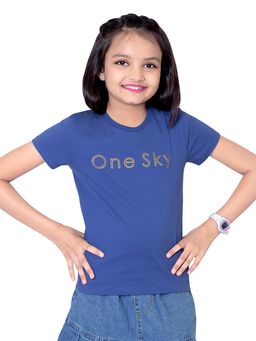 ONE SKY - Girls Cotton Typography T-Shirt Blue