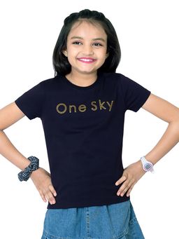 ONE SKY - Girls Cotton Typography T-Shirt Black