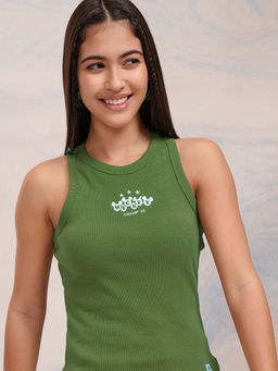 TOKYO TALKIES - Olive Embroidered Slim Fit Top