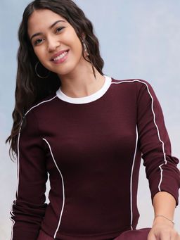 TOKYO TALKIES - Burgundy Solid Regular Fit Crop Top