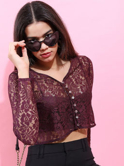 TOKYO TALKIES - Maroon Self Design Regular Fit Crop Top