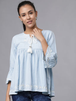 TOKYO TALKIES - Blue Embroidered A-Line Fit Top