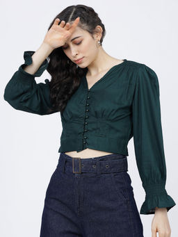 TOKYO TALKIES - Green Solid Regular Fit Crop Top