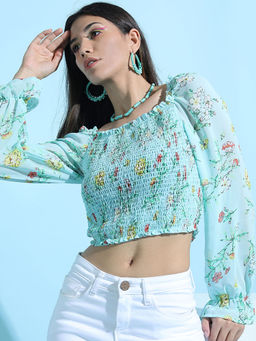 TOKYO TALKIES - Aqua Floral Regular Fit Crop Top