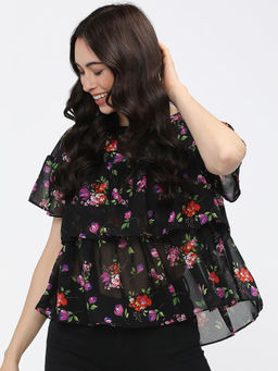 TOKYO TALKIES - Black Floral Regular Fit Top