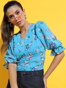 TOKYO TALKIES - Blue Floral Regular Fit Top