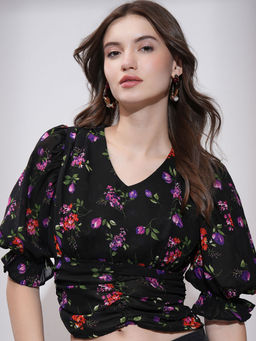TOKYO TALKIES - Black Floral Regular Fit Top