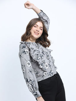 TOKYO TALKIES - Grey Floral Regular Fit Top