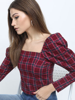 TOKYO TALKIES - Maroon Checks Regular Fit Crop Top