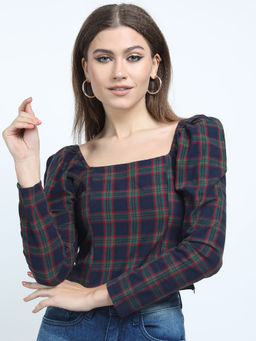 TOKYO TALKIES - Navy Blue Checks Regular Fit Crop Top