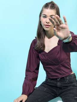 TOKYO TALKIES - Maroon Solid Regular Fit Crop Top