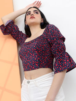 TOKYO TALKIES - Navy Blue Floral Regular Fit Crop Top