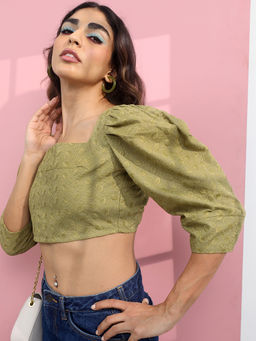 TOKYO TALKIES - Green Embroidered Regular Fit Crop Top