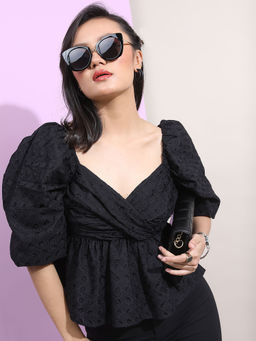 TOKYO TALKIES - Black Embroidered Regular Fit Top