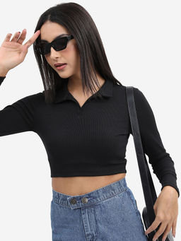 TOKYO TALKIES - Black Solid Regular Fit Crop Top