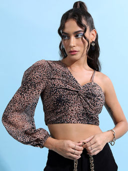 TOKYO TALKIES - Brown Animal Print Regular Fit Crop Top