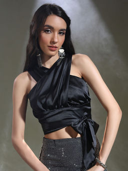 TOKYO TALKIES - Black Solid Regular Fit Crop Top