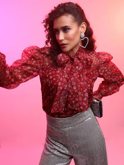 TOKYO TALKIES - Maroon Floral Regular Fit Top