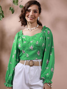 TOKYO TALKIES - Green Floral Regular Fit Crop Top