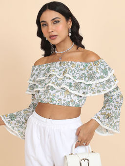 TOKYO TALKIES - White Floral Regular Fit Crop Top