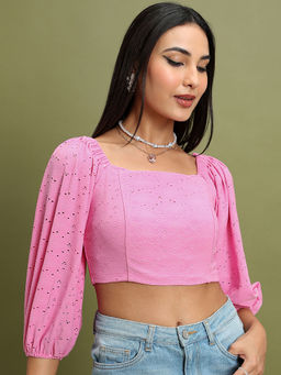 TOKYO TALKIES - Pink Self Design Regular Fit Crop Top
