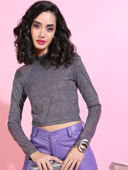TOKYO TALKIES - Grey Embellished Regular Fit Crop Top
