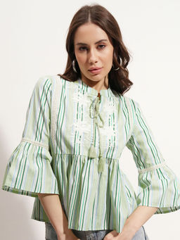 TOKYO TALKIES - Green Stripes Regular Fit Top