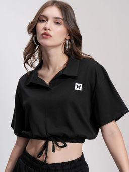 TOKYO TALKIES - Black Solid Relaxed Fit Crop Top