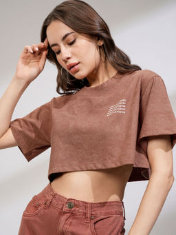 TOKYO TALKIES - Brown Solid Boxy Fit Crop Top