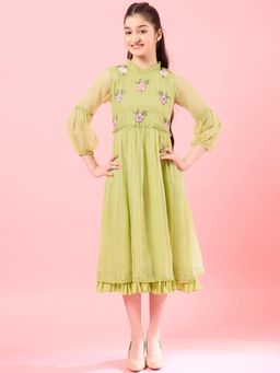 PSPeaches - Girls Ruffled Neck Fit & Flare Opaque Midi Casual Dress
