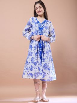 PSPeaches - Girls Floral Print V-Neck A-Line Midi Dress with Shrug (Set of 2)
