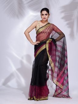CHARUKRITI - Black and Fuchsia Pink Blended Cotton Handwoven Saree Zari Border with Unstitched Blouse
