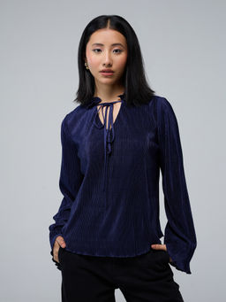 Twenty Dresses by Nykaa Fashion - Blue Tie Up Neck Flared Sleeves Textured Top