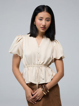 Twenty Dresses by Nykaa Fashion - Cream Satin Cinched Waist Puff Sleeves Peplum Top