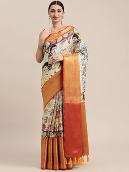 Vastranand - Grey Soft Banarasi Silk Kalamkari Block Print Party Wear Saree with Unstitched Blouse