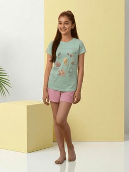 Lil Tomatoes - Girls Green Half Sleeves Printed Nightsuit